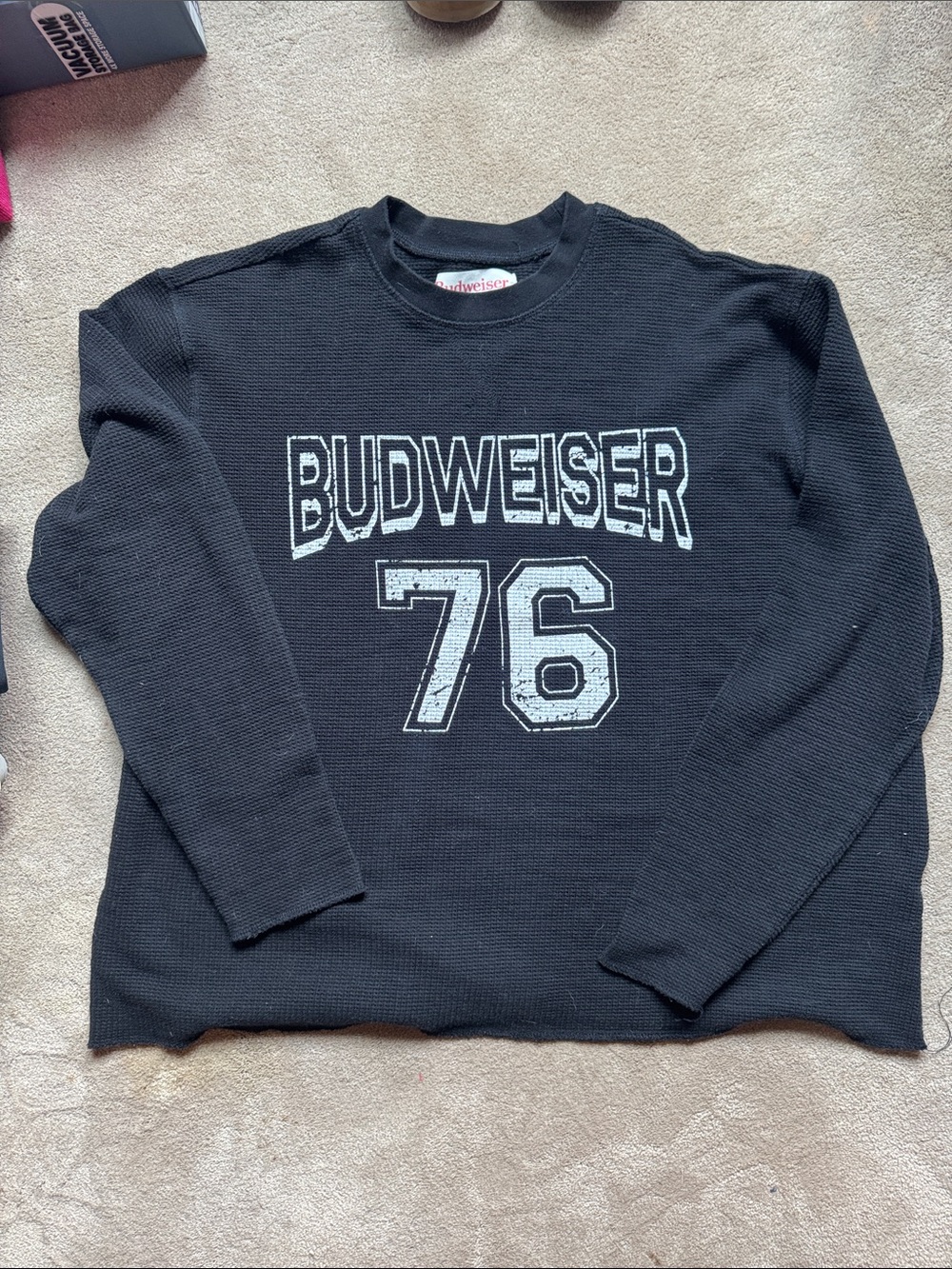 Pacsun large Budweiser Black Crewneck waffle crew with White '76' Graphic